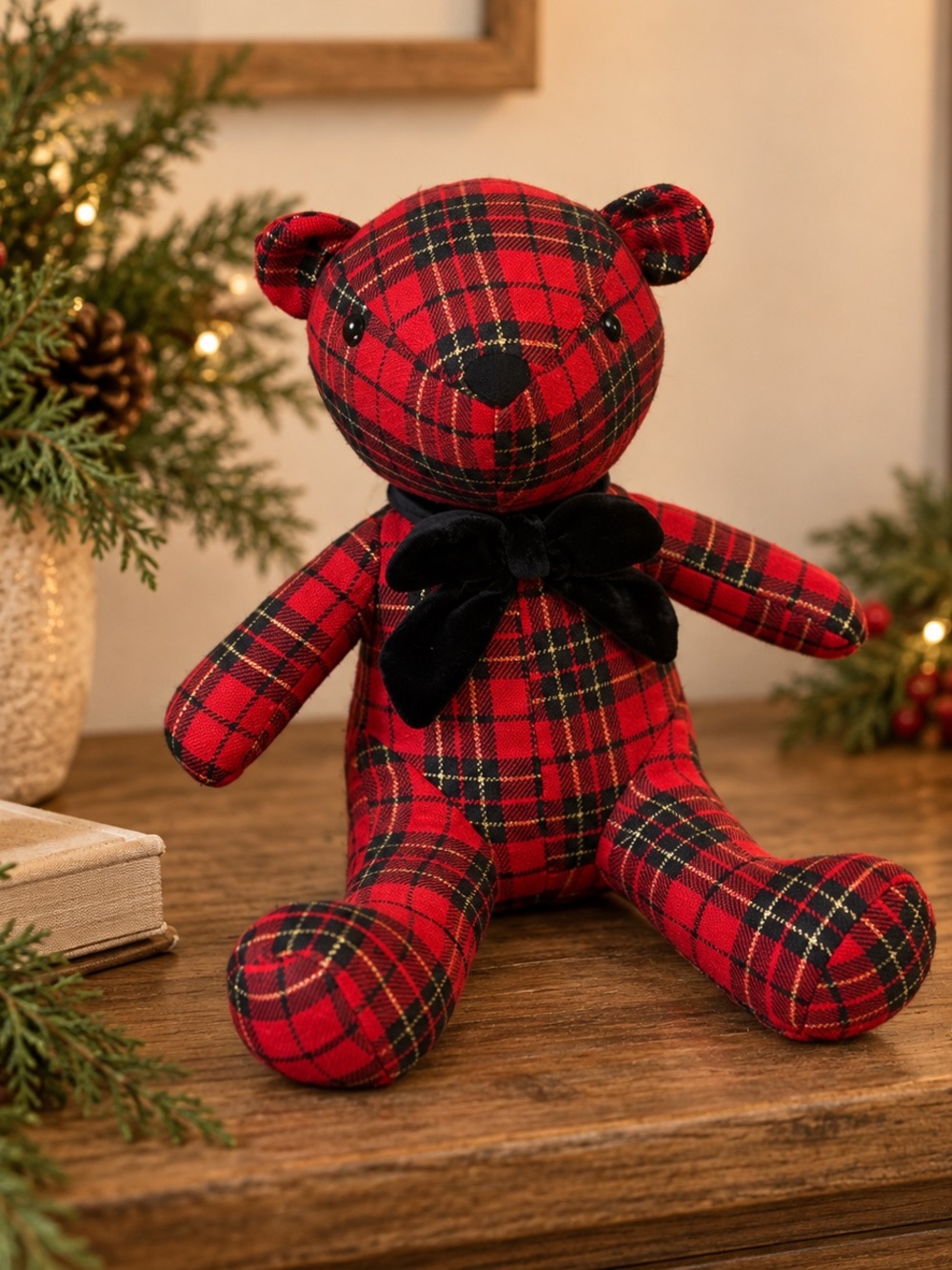 Martha Stewart Christmas Tartan Bear with Black Velvet Bow.